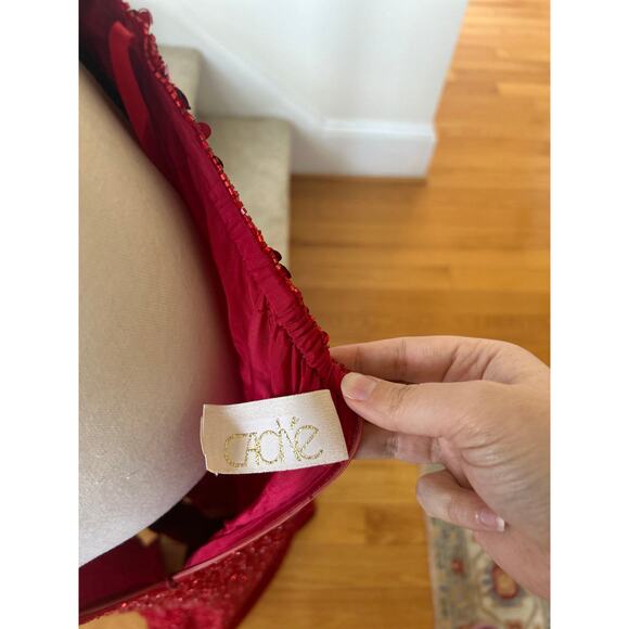 Vintage Y2K Cache Silk Red Beaded Backless Maxi Slit Gown - Picture 10 of 12